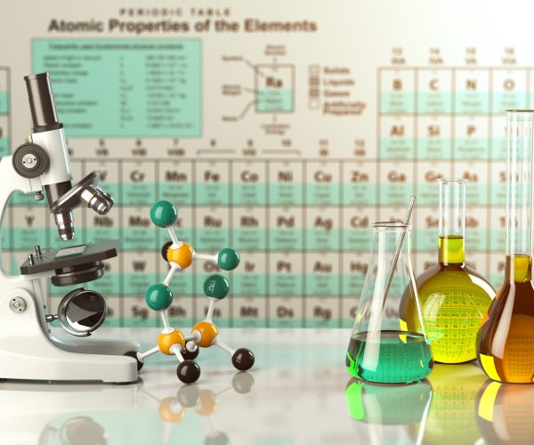 Test glass flasks and tubes with colored solutions on the periodic table of elements. Laboratory glassware. Science chemistry and research concept. 3d illustration