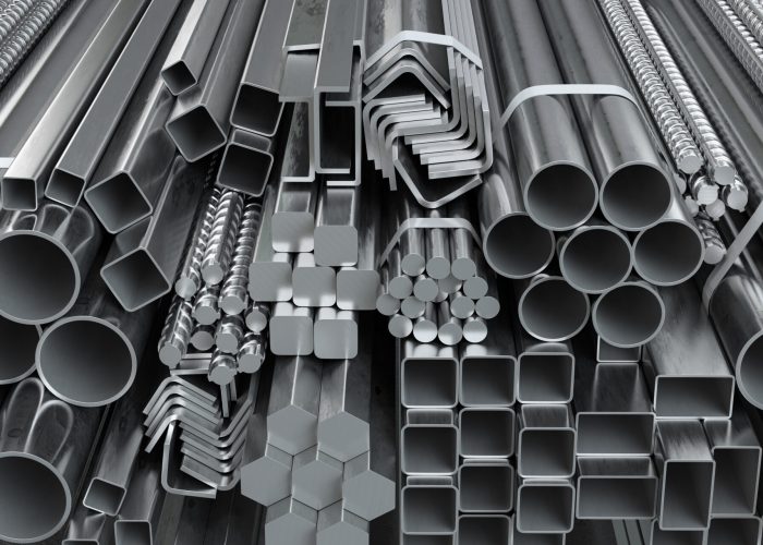 Different metal rolled products. Stainless steel profiles and tubes. in warehouse background. 3d illustration